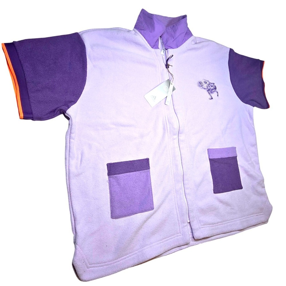 Adidas Short Sleeve Fleece Jacket Purple Colorblock Full Zip Basketball Mens L